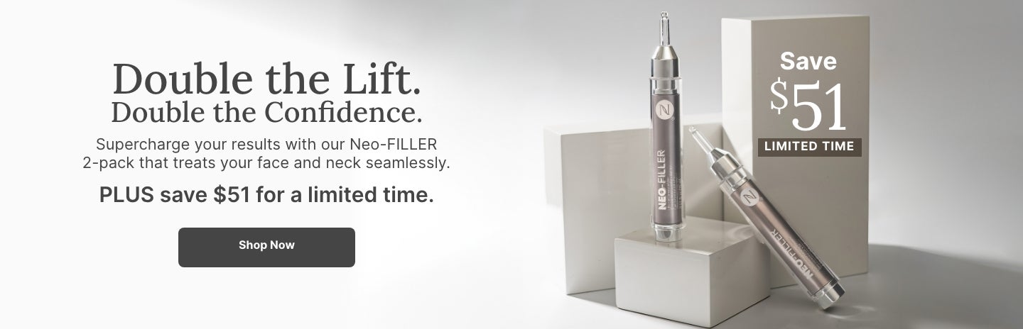 Two Neo-FILLER tubes displayed on white blocks with text reading, “Double the Lift. Double the Confidence.” It highlights a 2-pack with a limited-time $51 savings offer and a “Shop Now” button.